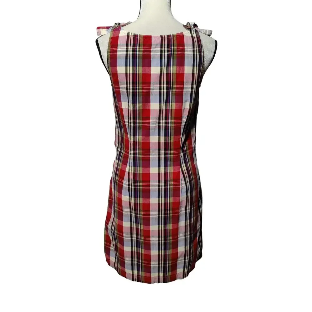 Vintage 90s Expression Sz 8 Red Plaid Shift Jumper Dress Sleeveless Tie Shoulder - Picture 7 of 7